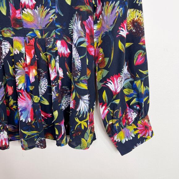 J Crew Silk Pleated Floral Popover Blouse Top Navy Blue XSmall K1822 Womens - Picture 5 of 11
